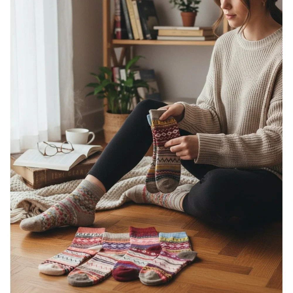 Fashion Novelty‎ Geometric Socks One Size Colorful Cozy Bright 5 PACK NEW